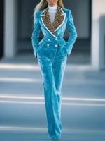 Elegantiškas moteriškas mėlynas veliūrinis kostiumėlis su leopardo raštu - Image 3
