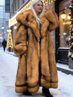 Elegantiškas moteriškas dirbtinio kailio paltas su gobtuvu - Image 8