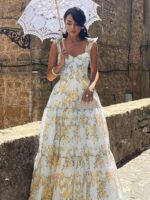 Elegantiška prancūziška gėlėta ilga suknelė - Image 4