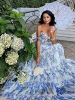Elegantiška prancūziška gėlėta ilga suknelė