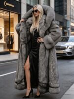 Elegantiškas moteriškas dirbtinio kailio paltas su gobtuvu - Image 9