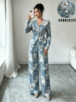 Elegantiškas moteriškas žakardinis kostiumėlis su gėlių raštu ir plačiomis kelnėmis - Image 3