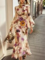 Elegantiška ilga suknelė su gėlių raštu