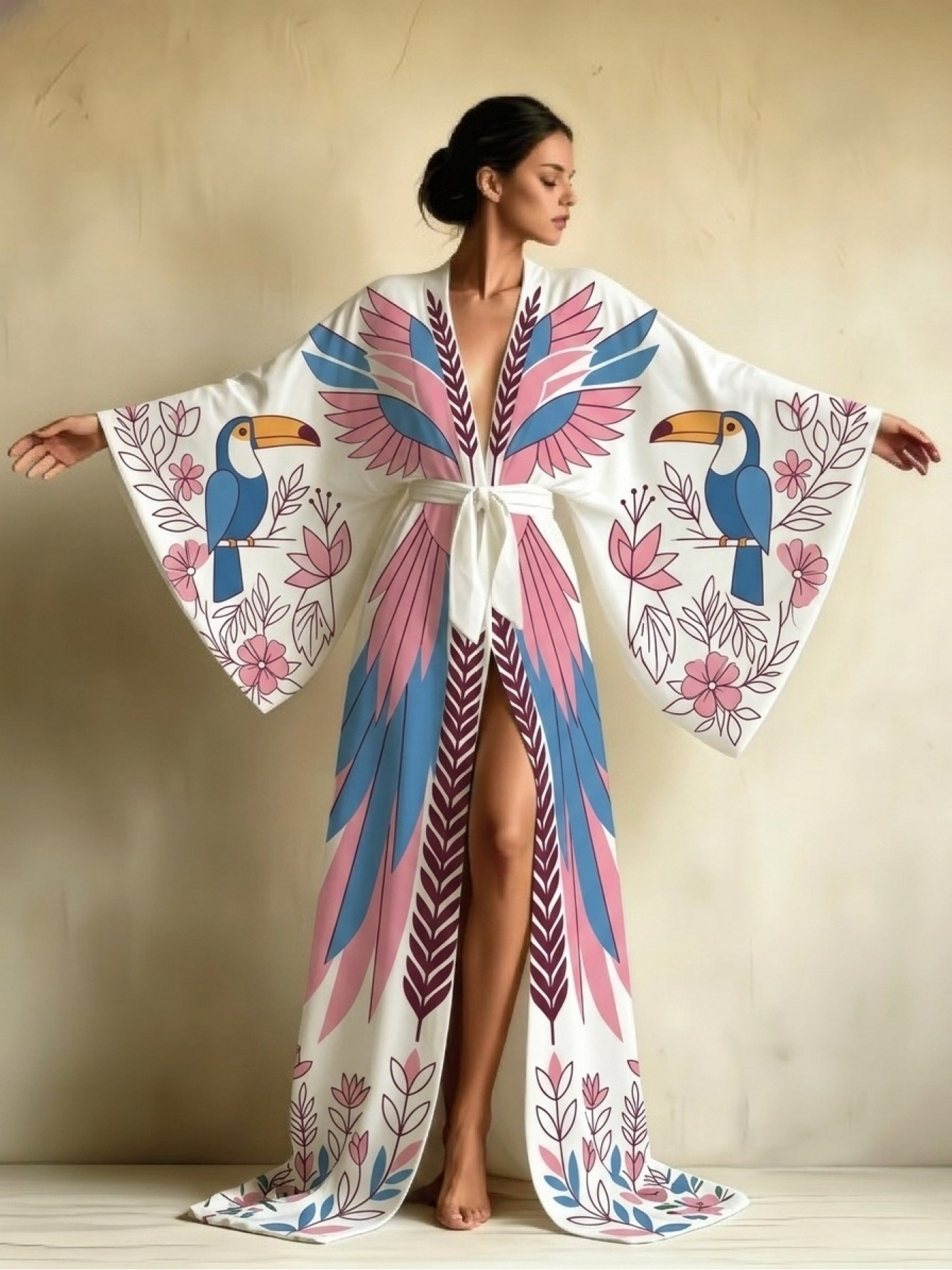 product-open-88b2cd652d0944cf9f6bf40b105439df-goods Kimono stiliaus chalatas su gėlių ir paukščių raštu - Image 1